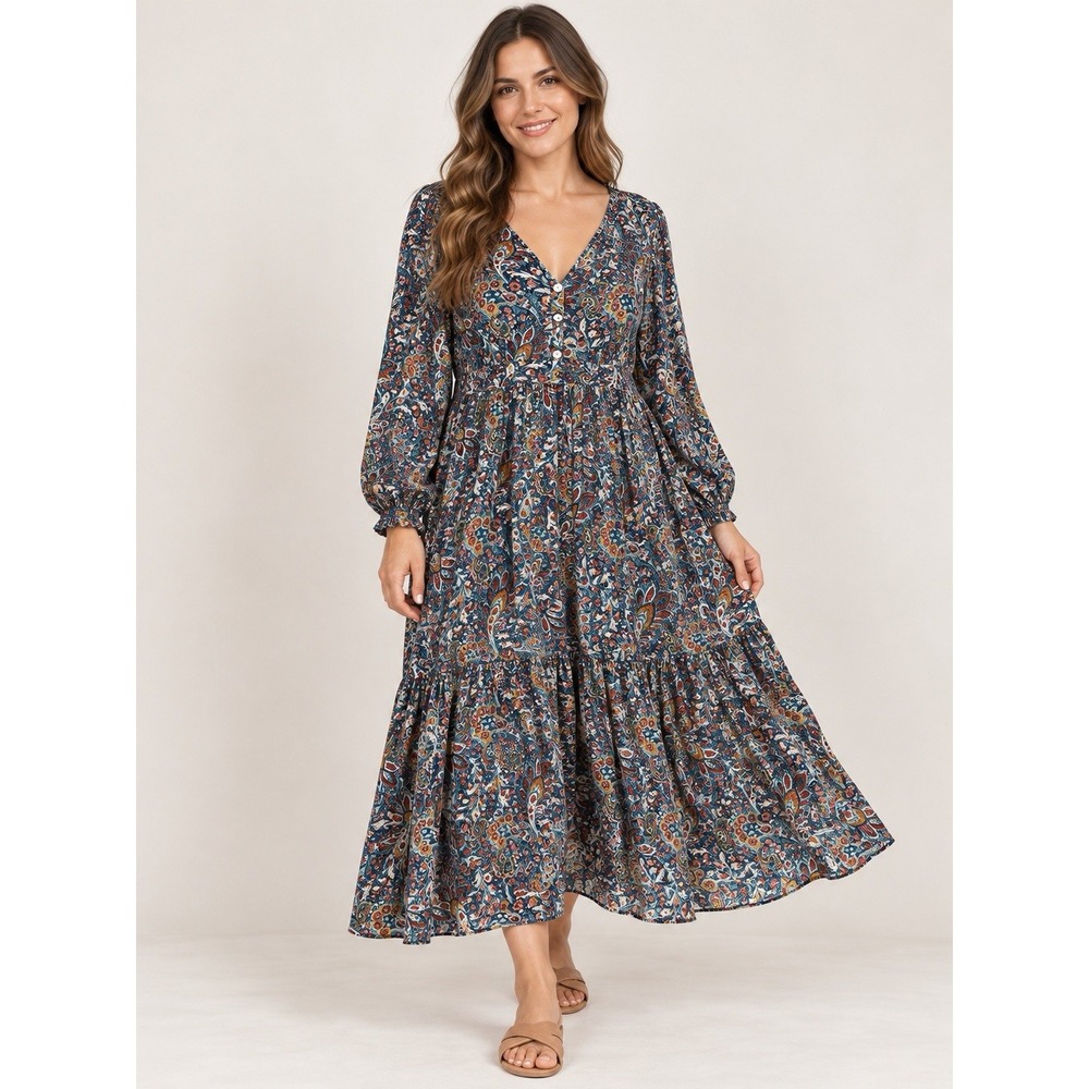 Wonderly PXL Petite XL Paisley Maxi Dress Blue Boho Floral Long Sleeve Rayon